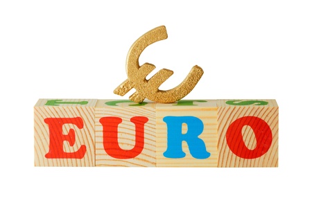 alphabet wood blocks forming the word Euro isolated on a white backgroundの写真素材