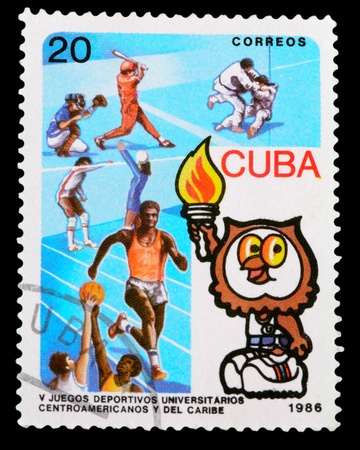CUBA- CIRCA 1986: A stamp printed by Cuba, shows Athletes, V University Games of Central America and Carribean, circa 1986の写真素材