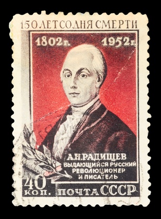 USSR - CIRCA 1952: A stamp printed in the USSR, shows A. Radishzev, circa 1952のeditorial素材