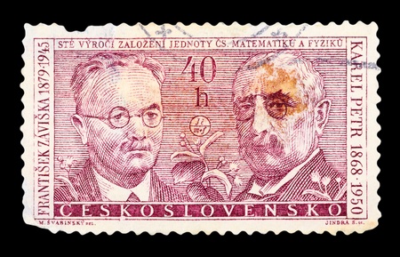Czechoslovakia - CIRCA 1950: A stamp printed in the Czechoslovakia, shows F. Zaviska and K. Peter, circa 1950のeditorial素材
