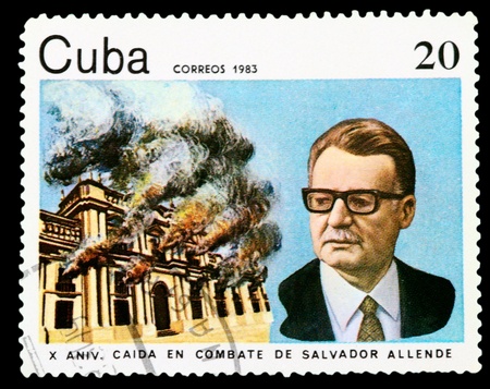 CUBA - CIRCA 1983: A stamp printed in Cuba shows Salvador Allende on the background of the burning palace Moncada, circa 1983のeditorial素材
