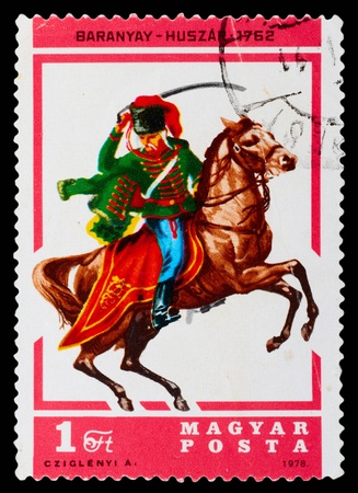 HUNGARY - CIRCA 1978: A stamp printed by Hungary, shows HUNGARY - CIRCA 1978: A stamp printed by Hungary, shows Hussar Baranya, circa 1978のeditorial素材
