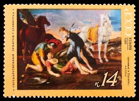 USSR - CIRCA 1971: A Stamp printed in USSR shows the "Tancred and Arminia", by Nicolas Poussin (1594-1665), from the series "Foreign master works in Russian museums", circa 1971のeditorial素材
