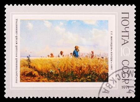 USSR - CIRCA 1971: A stamp printed in USSR, in State Russian Museum in St Petersburg. G.G. Myasoedov."Haymakers", circa 1971のeditorial素材