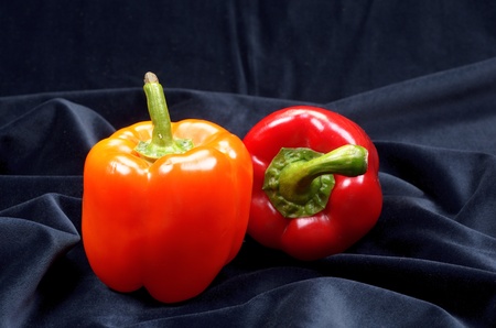 The fresh juicy peppers on a dark blue velvet backgroundの写真素材