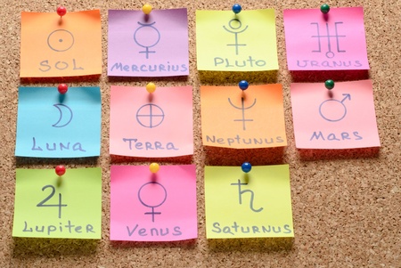 Symbols of the planets, conceptual word with stickers on corkの写真素材