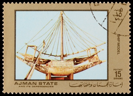 AJMAN STATE - CIRCA 1971: A stamp printed in the AJMAN STATE, shows Egyptian treasures, series, circa 1971のeditorial素材