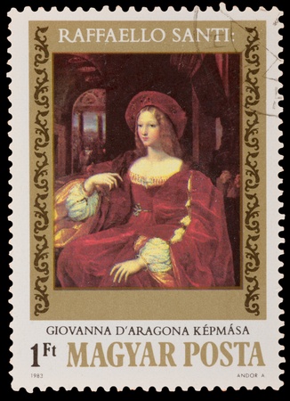 HUNGARY - CIRCA 1983: A stamp printed in the HUNGARY, shows Picture by Raphael "Joan of Aragon", circa 1983のeditorial素材