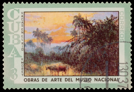 CUBA - CIRCA 1974: A stamp printed in the CUBA, shows shows art "Vacas en el rio" R. Morey, circa 1974のeditorial素材