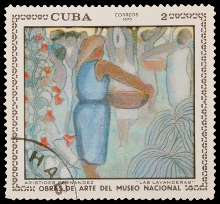 CUBA - CIRCA 1970: A stamp printed in the CUBA, shows "washerwomen&q uot; by Aristides Fernandez, circa 1970のeditorial素材