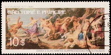 E. TOME AND PRINCIPE - CIRCA 1979: A stamp printed in the E. TOME AND PRINCIPE, shows painting by Rubens (1577-1640), circa 1979のeditorial素材