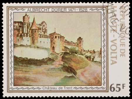 HIGH-VOLTA - CIRCA 1977: A stamp printed in the HIGH-VOLTA, shows painting by DÃ¼rer, circa 1977のeditorial素材