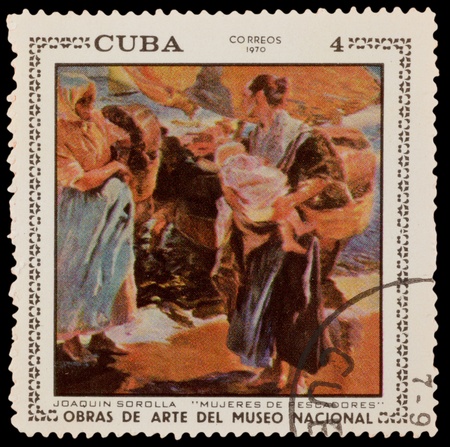 CUBA - CIRCA 1970: A stamp printed in the CUBA, shows "fishermen's wives" by Joaquin Sorolla, circa 1970のeditorial素材