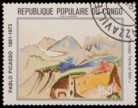CONGO - CIRCA 1981: A stamp printed in the CONGO, shows painting by Pablo Picaso, circa 1981のeditorial素材