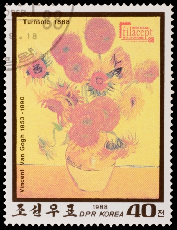 DPR KOREA - CIRCA 1988: A stamp printed in the DPR KOREA, shows Sunflowers by Van Gogh, circa 1988のeditorial素材
