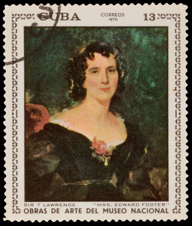 CUBA - CIRCA 1970: A stamp printed in the CUBA, shows "Mrs Edward Foster" by Sir T Lawrence, circa 1970のeditorial素材