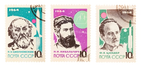 USSR - CIRCA 1964: A set of postage stamps printed in USSR shows portraits of scientists: Tsiolkovsky, Kibalchicha, Zander, circa 1964のeditorial素材