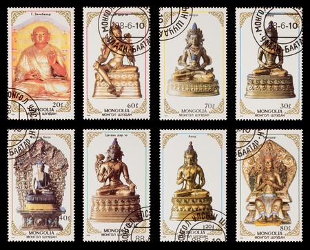 MONGOLIA - CIRCA 1988: A set of postage stamps printed in the MONGOLIA, shows statue of Buddhist deities, series, circa 1988のeditorial素材