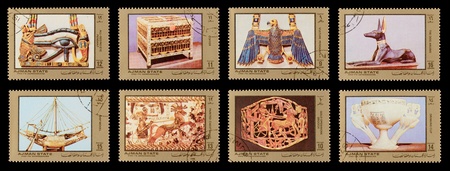 AJMAN STATE - CIRCA 1971: A set of postage stamps printed in the AJMAN STATE, shows Egyptian treasures, series, circa 1971のeditorial素材