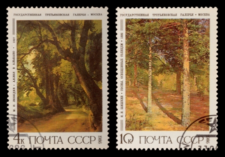 USSR - CIRCA 1986: A set of postage stamps printed in the USSR, shows paintings from the Tretyakov Gallery, circa 1986のeditorial素材