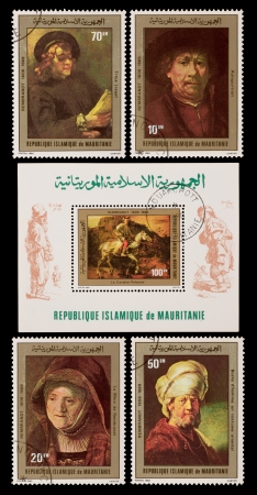 MAURITANIA - CIRCA 1980: A set of postage stamps printed in the MAURITANIA, shows painting by Rembrandt, circa 1980のeditorial素材