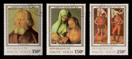 HIGH-VOLTA - CIRCA 1977: A set of postage stamps printed in the HIGH-VOLTA, shows painting by Dürer, circa 1977のeditorial素材
