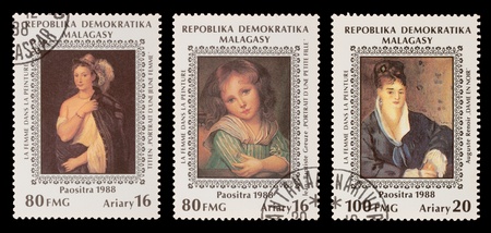 MALAGASY - CIRCA 1988: A set of postage stamps printed in the MALAGASY, shows paintings, circa 1988のeditorial素材