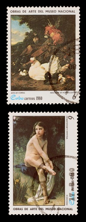 CUBA - CIRCA 1980: A set of postage stamps printed in the CUBA, shows paintings, circa 1980のeditorial素材