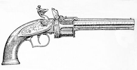 USSR - CIRCA 1993: Illustration from the textbook \"Small Arms\", published in the Ussr shows double-barreled flintlock pistol , circa 1993のeditorial素材