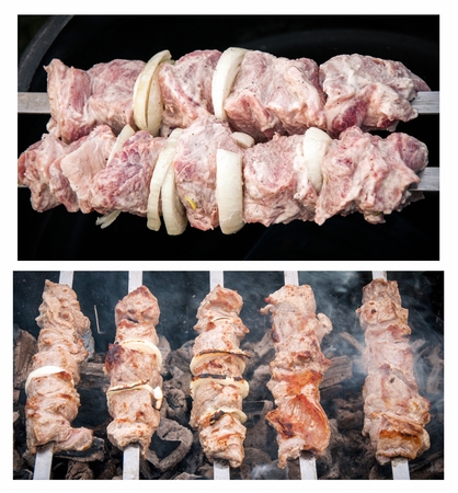 grilled skewers on coals with smokeの写真素材