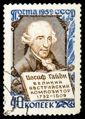 USSR - CIRCA 1959: A stamp printed in USSR shows portrait of Joseph Haydn - the great Austrian composer, circa 1959のeditorial素材