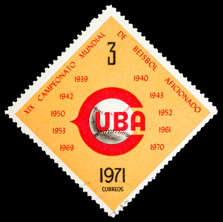 CUBA - CIRCA 1971: A stamp printed in Cuba shows Baseball World Cup, series sport, circa 1971のeditorial素材