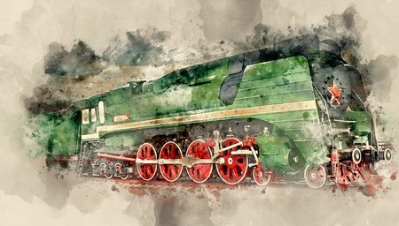 The old Old steam locomotive. Vintage style train. Watercolor backgroundの写真素材