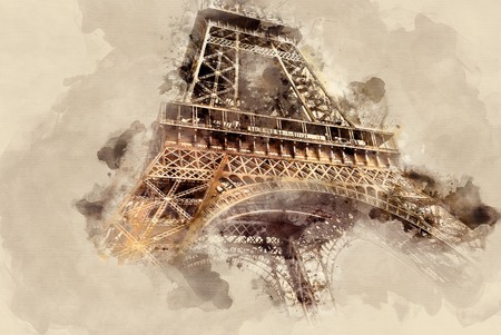 Old buildings and structures. PARIS Attractions. Sights. Eiffel Tower. Watercolor backgroundの写真素材