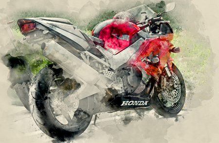 NIZHNY NOVGOROD, RUSSIA - JULY 14, 2013: Highway-ring motorcycle races. Sport motorcycle. Watercolor backgroundのeditorial素材