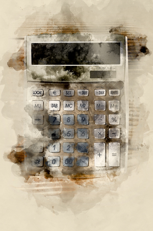 Calculator. Watercolor background. Close-upの写真素材