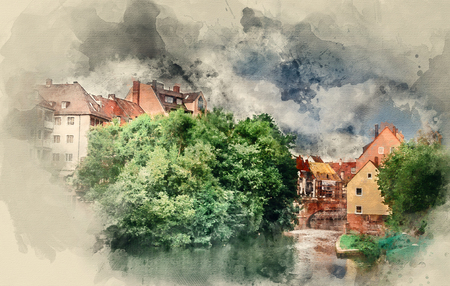 Germany City landscape. Trees grow from the river. Watercolor backgroundの写真素材
