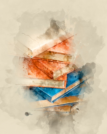 Stack of books. Watercolor backgroundの写真素材