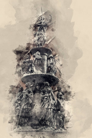 Sights France. Photo sketches. Watercolor background. Beautiful city fountainの写真素材