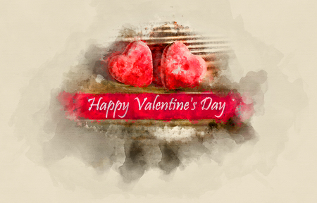 Happy Valentine's Day. Two red hearts. Watercolor background. Loveの写真素材