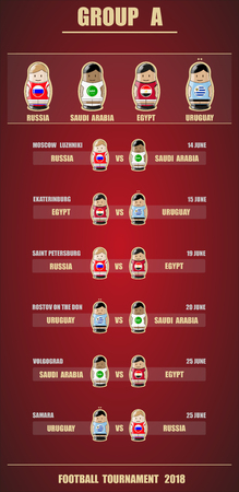Vector illustration. Football / soccer tournament. Group stage of the championship, group A . Nesting dolls. Place and date of matchesのイラスト素材