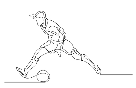 Continuous line drawing. Illustration shows a football player kicks the ball. Soccer. Vector illustrationのイラスト素材