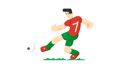 Soccer player hits the ball. Flat vector illustration. Isolated on white backgroundのイラスト素材