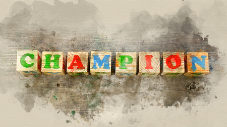 Word "champion" built of wooden blocks on an old wooden background. Watercolor backgroundの写真素材