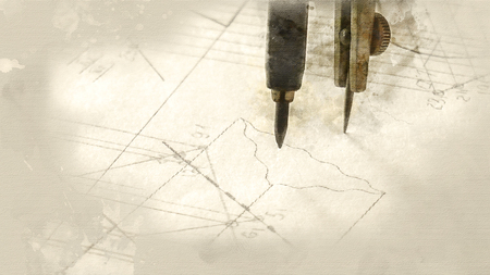 Compasses draw circles close-up. Watercolor backgroundの写真素材