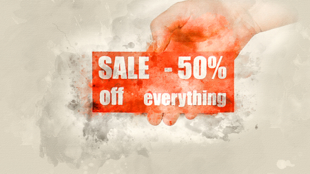 Price labels. Sale 50 percent close-up. Watercolor background