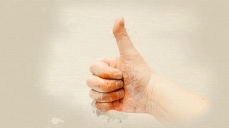 Hand gestures thumbs up close up. Watercolor background