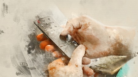 Remote control from TV in hands. Watercolor backgroundの写真素材