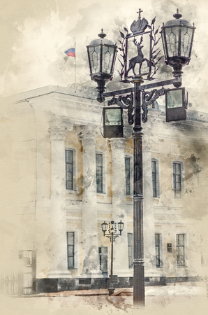 Three lampposts on the waterfront. Watercolor backgroundの写真素材