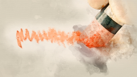 Man draws pastel on paper close-up. Watercolor backgroundの写真素材